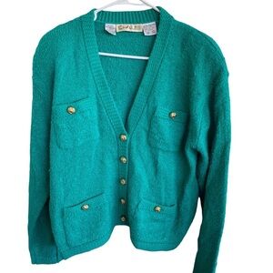 Vintage 80s Green Gold Buttons Cardigan Sweater Women’s Size Large Chaus
